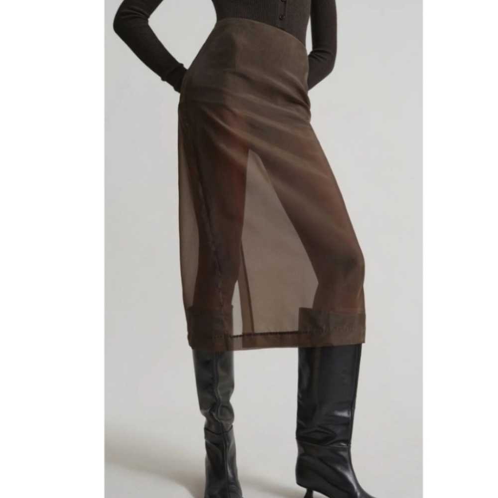 NWT THE FRANKIE SHOP PERI SHEER MIDI SKIRT IN BROWN